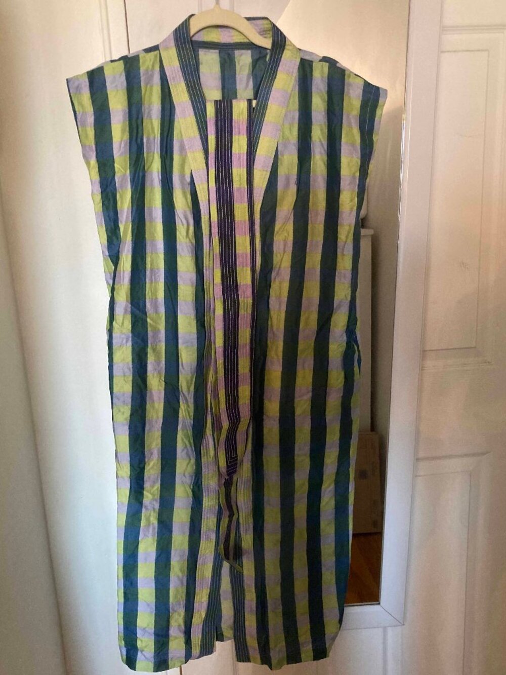 Bundu Kaftan Dress in a Dark Green/Pink/Light Green Plaid